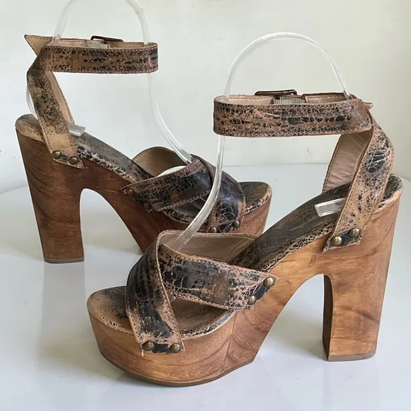 Bed Stu Madeline Platform Womens Sandal in Brown Leather Wooden Heel Size 7 B