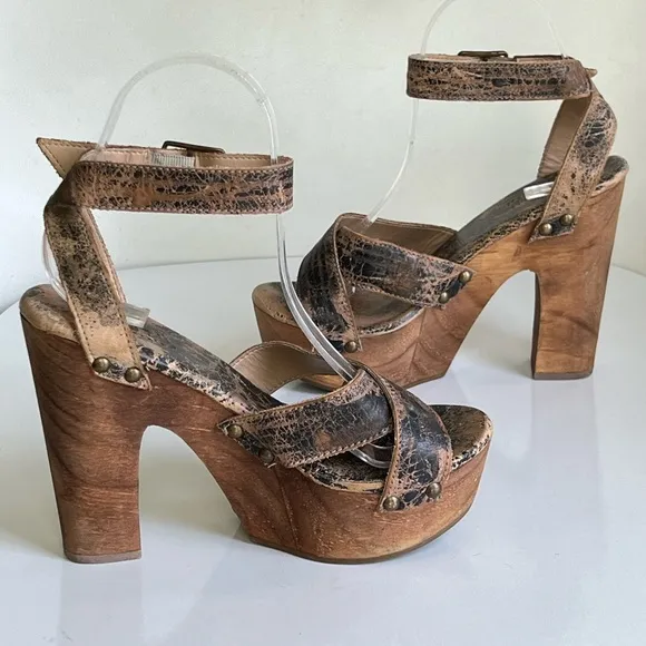 Bed Stu Madeline Platform Womens Sandal in Brown Leather Wooden Heel Size 7 B