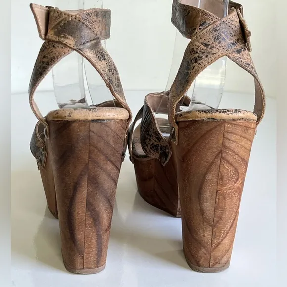 Bed Stu Madeline Platform Womens Sandal in Brown Leather Wooden Heel Size 7 B