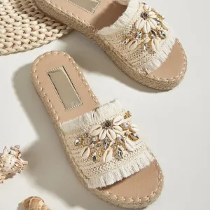 Beige Vacation Women's Rhinestone &amp; Shell Decor Espadrille Sandals
