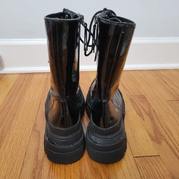 Bershka Chunky Calf Length Lace Up Women's Biker Boots, Black, Size 6/6.5 Grunge