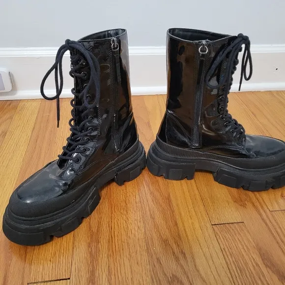 Bershka Chunky Calf Length Lace Up Women's Biker Boots, Black, Size 6/6.5 Grunge