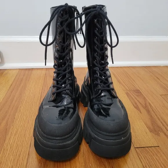 Bershka Chunky Calf Length Lace Up Women's Biker Boots, Black, Size 6/6.5 Grunge