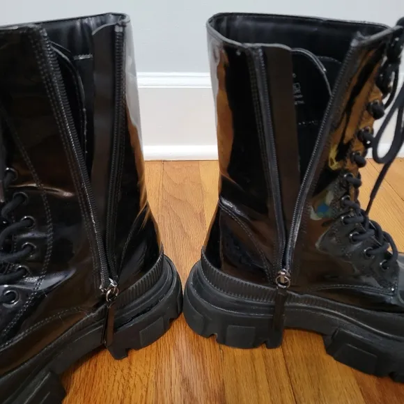 Bershka Chunky Calf Length Lace Up Women's Biker Boots, Black, Size 6/6.5 Grunge