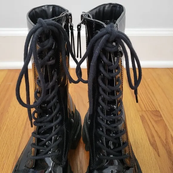 Bershka Chunky Calf Length Lace Up Women's Biker Boots, Black, Size 6/6.5 Grunge