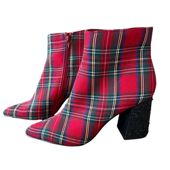 Betsey Johnson Kassie Plaid Ankle Boots with Black Beaded Heel Size 8