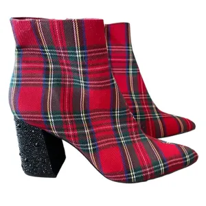 Betsey Johnson Kassie Plaid Ankle Boots with Black Beaded Heel Size 8