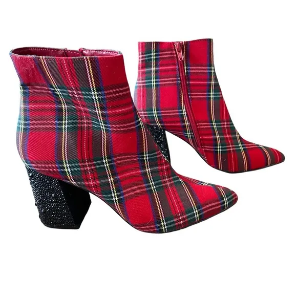 Betsey Johnson Kassie Plaid Ankle Boots with Black Beaded Heel Size 8