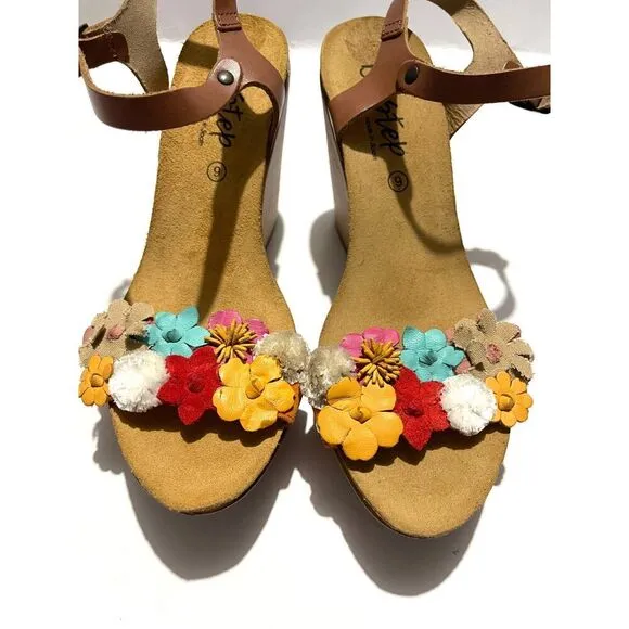 Biostep Leather wedges sandals multicolor floral spain made summer women’s 9