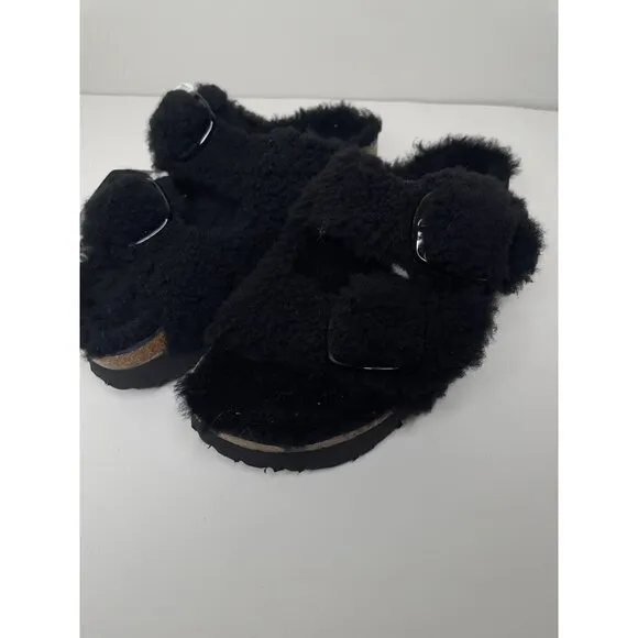 Birkenstock Arizona Teddy Shearling Platform Sandals Black Big Buckle 37 US 6