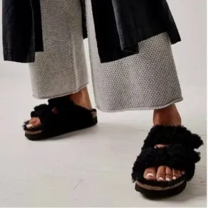 Birkenstock Arizona Teddy Shearling Platform Sandals Black Big Buckle 37 US 6