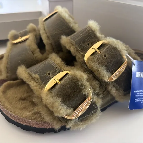 Birkenstock Shearling Sandals in Olive Green