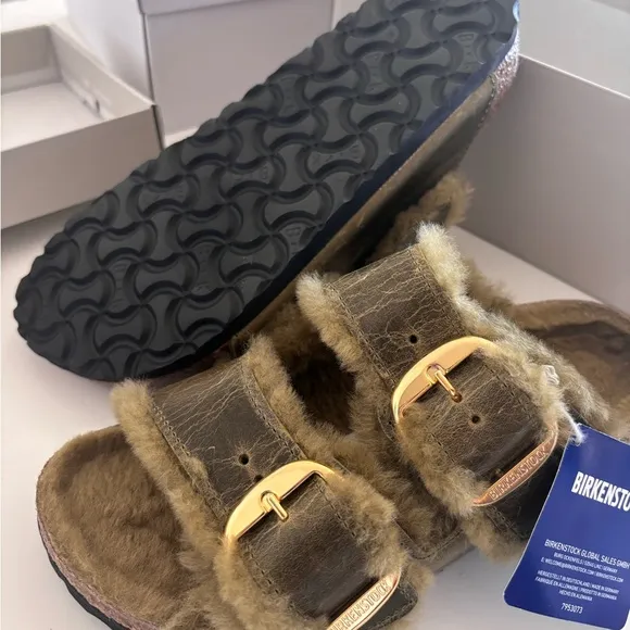 Birkenstock Shearling Sandals in Olive Green