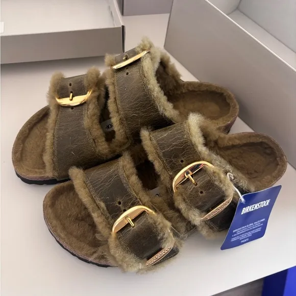 Birkenstock Shearling Sandals in Olive Green