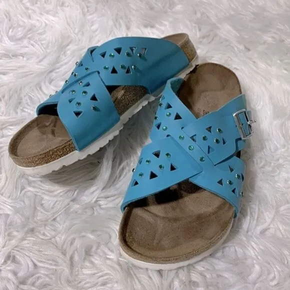 BIRKI’S crisscross crystal studded vamp leather sandals women’s size 10