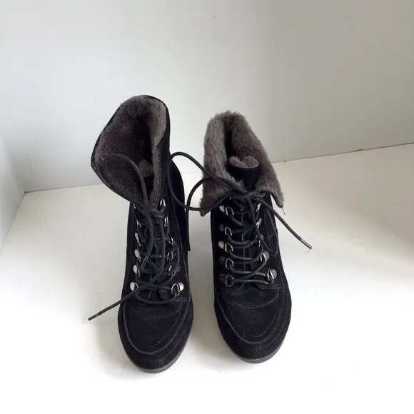 Bjorndal Falan Womens Black Suede Heels Boots With Faux Fur Accent Size 6
