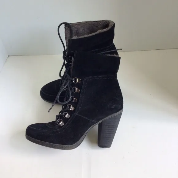 Bjorndal Falan Womens Black Suede Heels Boots With Faux Fur Accent Size 6