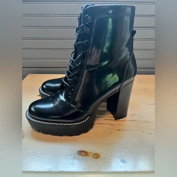 Black Bershka boots Women’s Block Heels Platform Patent Ankle Combat Boots