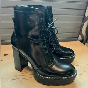 Black Bershka boots Women’s Block Heels Platform Patent Ankle Combat Boots
