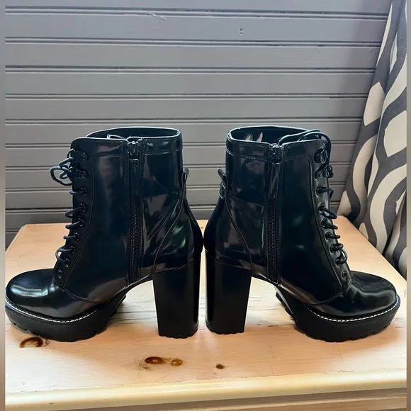 Black Bershka boots Women’s Block Heels Platform Patent Ankle Combat Boots