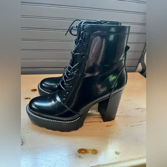 Black Bershka boots Women’s Block Heels Platform Patent Ankle Combat Boots