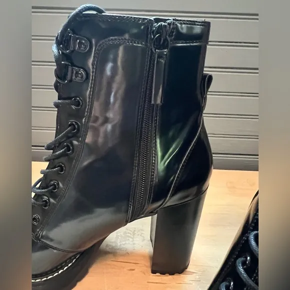 Black Bershka boots Women’s Block Heels Platform Patent Ankle Combat Boots