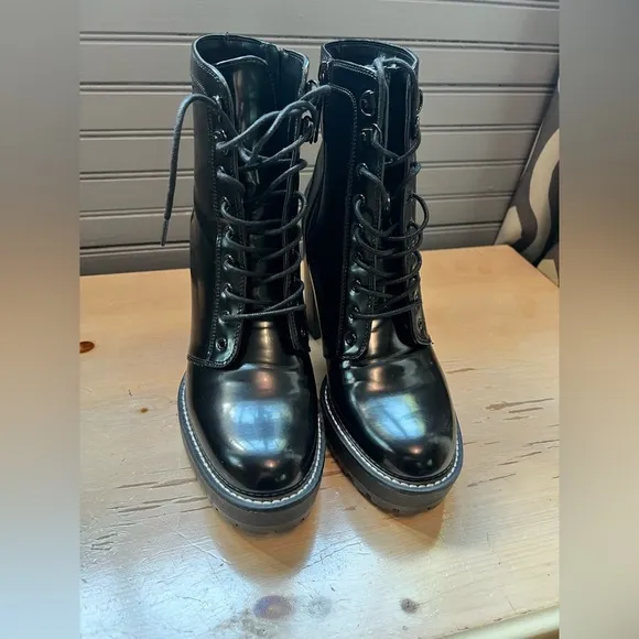 Black Bershka boots Women’s Block Heels Platform Patent Ankle Combat Boots