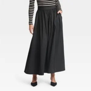 Black maxi flowy skirt with side pockets &amp; elastic waistband — thick material