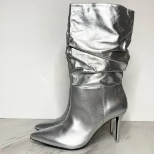 Black Suede Studio Silver Leather Pointy Toe Slouch Boot 40