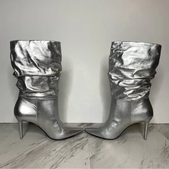 Black Suede Studio Silver Leather Pointy Toe Slouch Boot 40