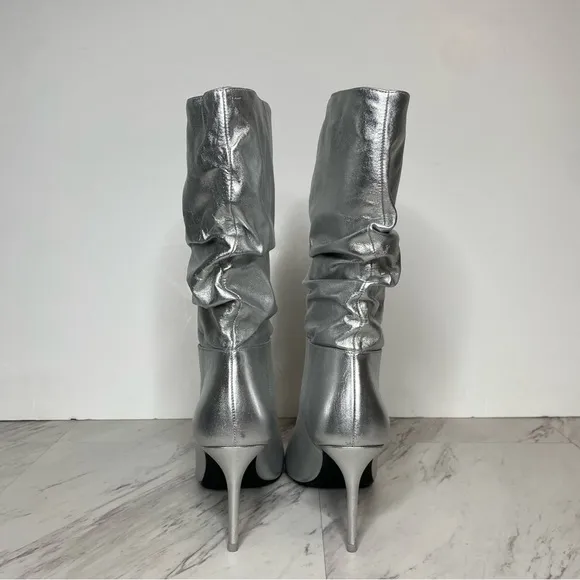 Black Suede Studio Silver Leather Pointy Toe Slouch Boot 40