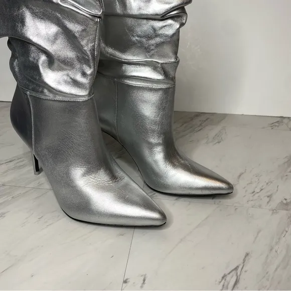 Black Suede Studio Silver Leather Pointy Toe Slouch Boot 40