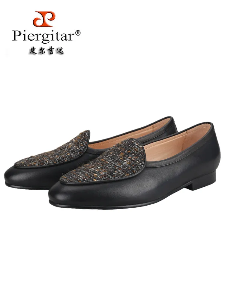 Black vegetable tanned calfskin stitched wool knitted men's loafers British classic style moccasins smoking shoes
