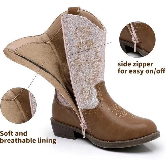 Blikcon Girls Glitter Cowgirl Western Boots Mid-Calf Riding Shoes (Toddler/Kid)