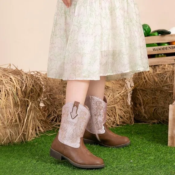 Blikcon Girls Glitter Cowgirl Western Boots Mid-Calf Riding Shoes (Toddler/Kid)