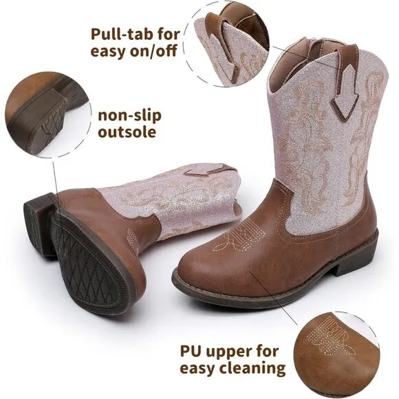 Blikcon Girls Glitter Cowgirl Western Boots Mid-Calf Riding Shoes (Toddler/Kid)