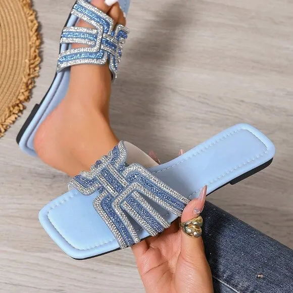 Blue Casual Womens H-Design Slide Sandals Comfortable Non-Slip Crocodile Print