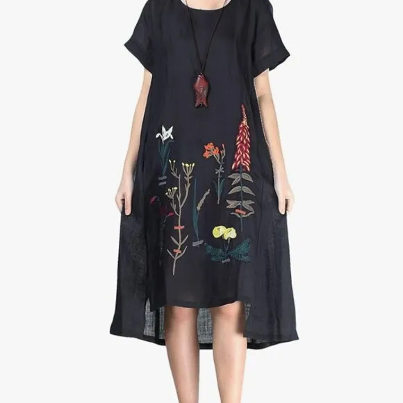 Boho Chic Floral Embroidered Linen Cotton Summer Tunic Dress