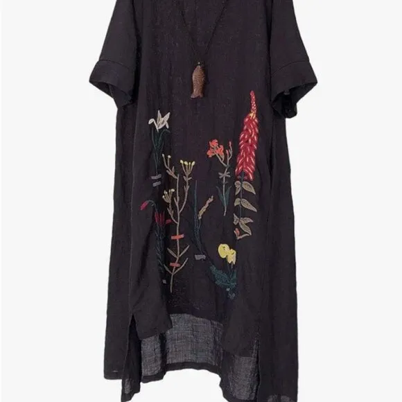 Boho Chic Floral Embroidered Linen Cotton Summer Tunic Dress