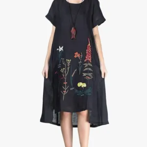 Boho Chic Floral Embroidered Linen Cotton Summer Tunic Dress