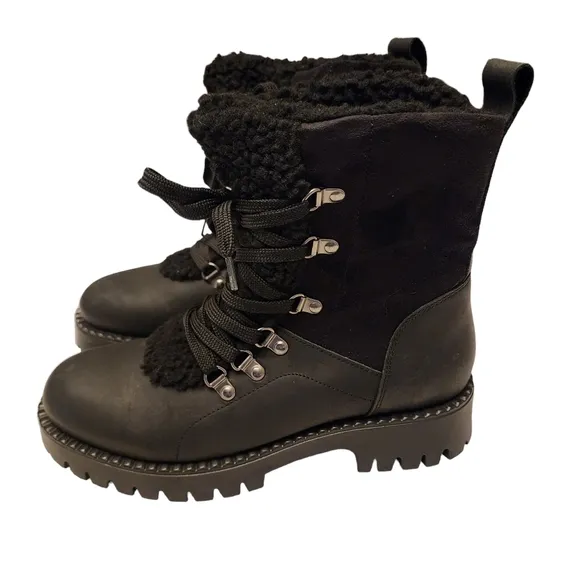 Bootlegger Black Leather &amp; Sherpa Combat Winter Boots Size 8
