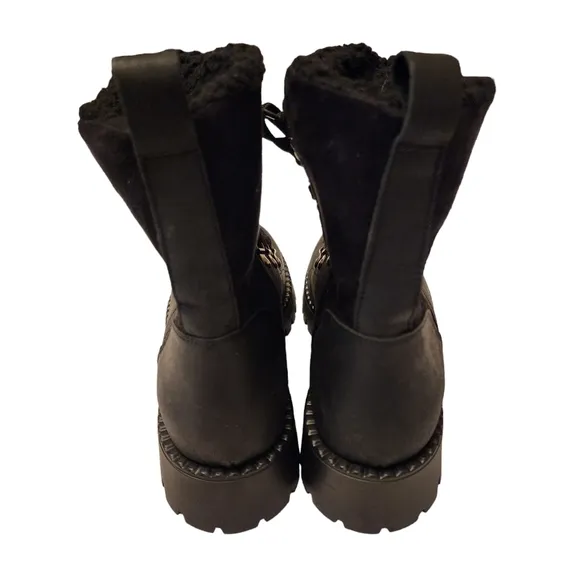 Bootlegger Black Leather &amp; Sherpa Combat Winter Boots Size 8