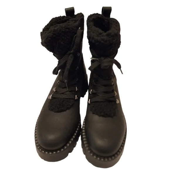 Bootlegger Black Leather &amp; Sherpa Combat Winter Boots Size 8