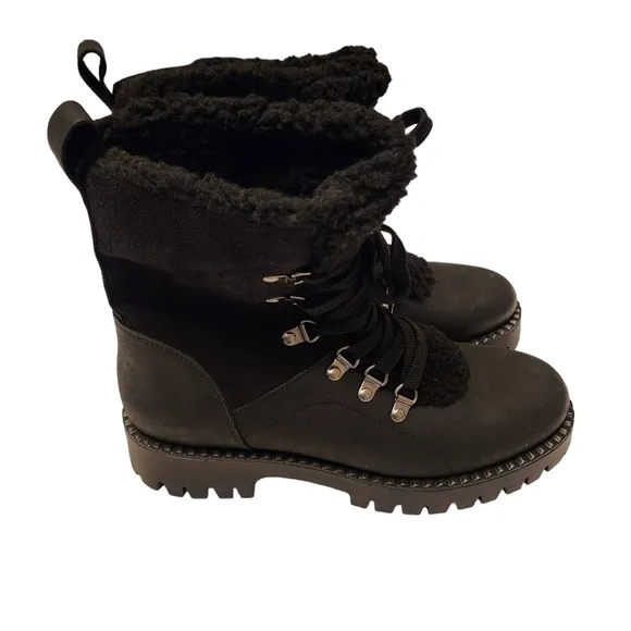 Bootlegger Black Leather &amp; Sherpa Combat Winter Boots Size 8