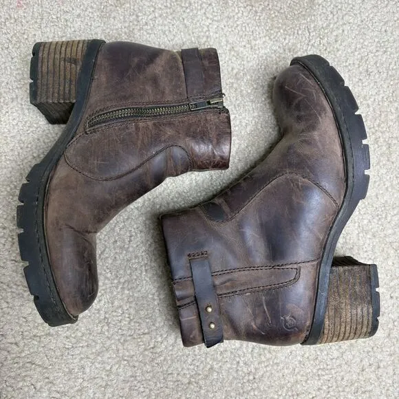 Born Womens Size 8 Nisbet Ankle Boots Brown Distressed Leather Chunky Heel Zip