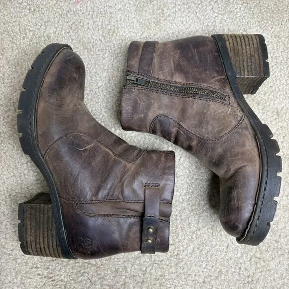 Born Womens Size 8 Nisbet Ankle Boots Brown Distressed Leather Chunky Heel Zip