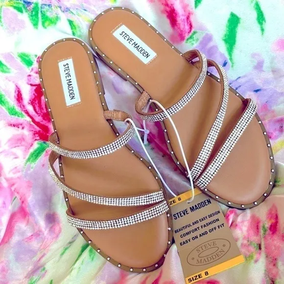 Brand New Steve Madden Rhinestone Multi Strap Slides Sandals Sparkle Studded