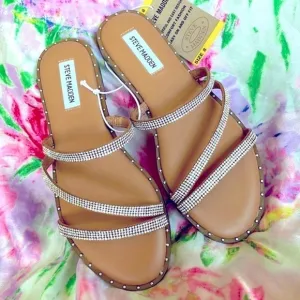 Brand New Steve Madden Rhinestone Multi Strap Slides Sandals Sparkle Studded