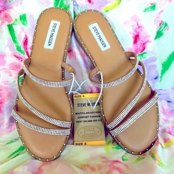 Brand New Steve Madden Rhinestone Multi Strap Slides Sandals Sparkle Studded