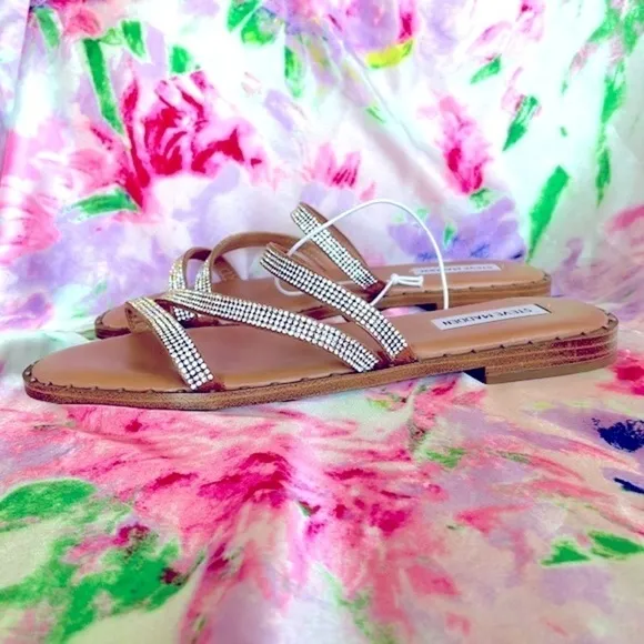 Brand New Steve Madden Rhinestone Multi Strap Slides Sandals Sparkle Studded